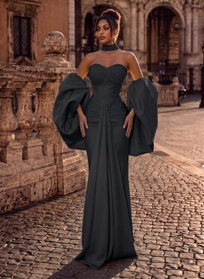 Sheath/Column Sweetheart Detachable Sleeves Floor-Length Elastic Satin Evening Dresses With Back Slit
