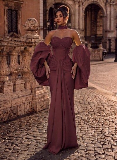 Sheath/Column Sweetheart Detachable Sleeves Floor-Length Elastic Satin Evening Dresses With Back Slit