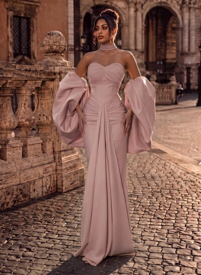 Sheath/Column Sweetheart Detachable Sleeves Floor-Length Elastic Satin Evening Dresses With Back Slit
