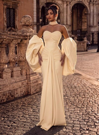 Sheath/Column Sweetheart Detachable Sleeves Floor-Length Elastic Satin Evening Dresses With Back Slit