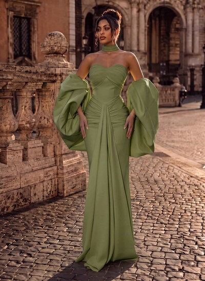 Sheath/Column Sweetheart Detachable Sleeves Floor-Length Elastic Satin Evening Dresses With Back Slit