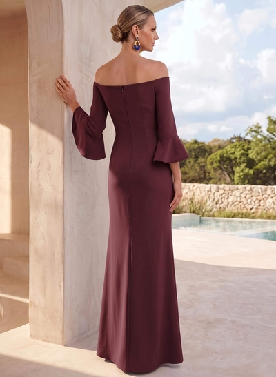 Sheath/Column Off-The-Shoulder 3/4 Sleeves Floor-Length Elastic Satin Evening Dresses With Flower
