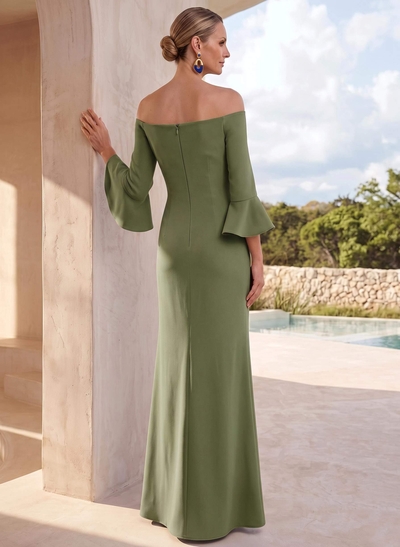 Sheath/Column Off-The-Shoulder 3/4 Sleeves Floor-Length Elastic Satin Evening Dresses With Flower