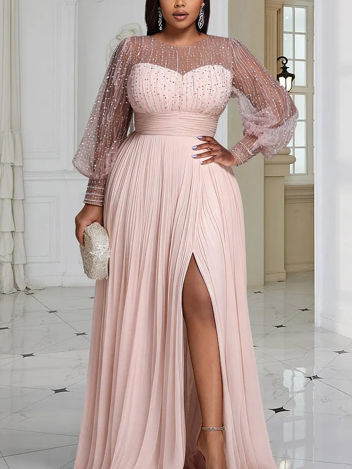 A-Line Scoop Neck Long Sleeves Floor-Length Chiffon Evening Dresses With Beading