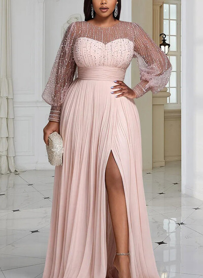 A-Line Scoop Neck Long Sleeves Floor-Length Chiffon Evening Dresses With Beading