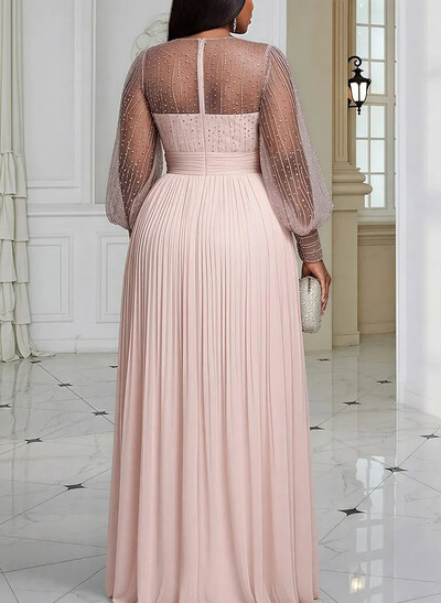 A-Line Scoop Neck Long Sleeves Floor-Length Chiffon Evening Dresses With Beading