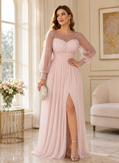 A-Line Scoop Neck Long Sleeves Floor-Length Chiffon Evening Dresses With Beading