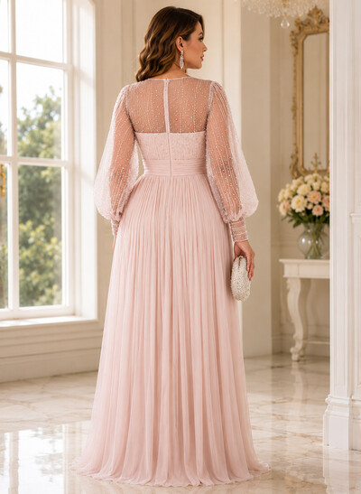 A-Line Scoop Neck Long Sleeves Floor-Length Chiffon Evening Dresses With Beading