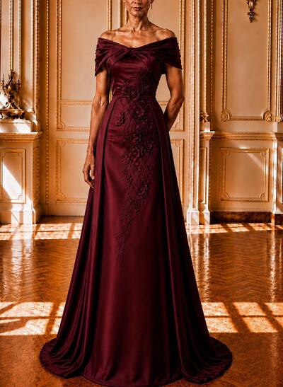 A-Line Off-The-Shoulder Cape Sleeves Sweep Train Satin Evening Dresses With Flower