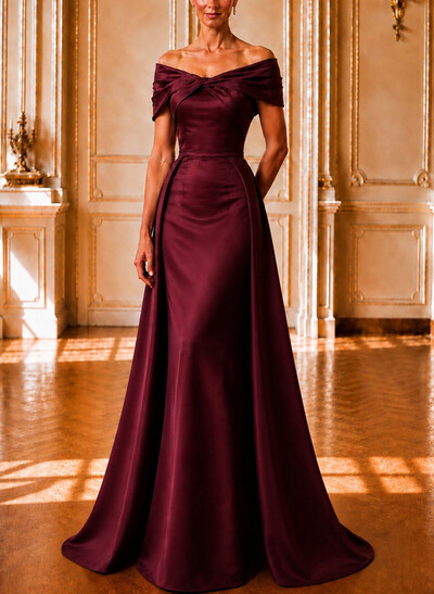 A-Line Off-The-Shoulder Cape Sleeves Sweep Train Satin Evening Dresses