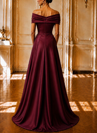 A-Line Off-The-Shoulder Cape Sleeves Sweep Train Satin Evening Dresses