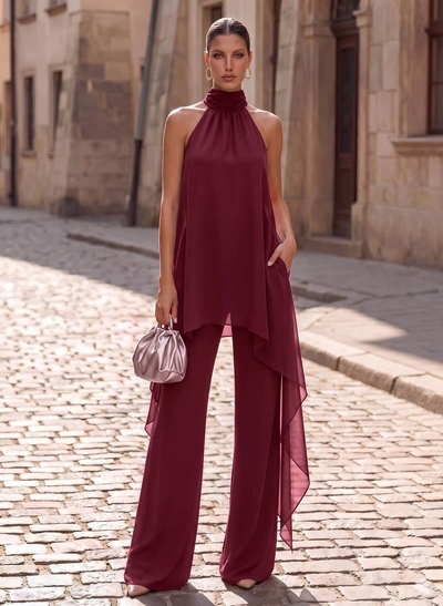 Two Piece High Neck Sleeveless Floor-Length Chiffon Evening Dresses With Sweeping Side Drape