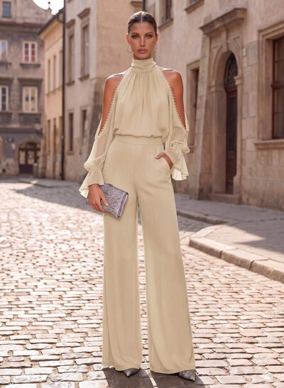 Two-Piece High Neck Long Sleeve Floor-Length Chiffon Evening Dress with Beading