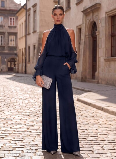 Two-Piece High Neck Long Sleeve Floor-Length Chiffon Evening Dress with Beading
