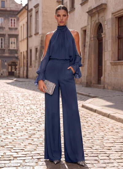 Two-Piece High Neck Long Sleeve Floor-Length Chiffon Evening Dress with Beading