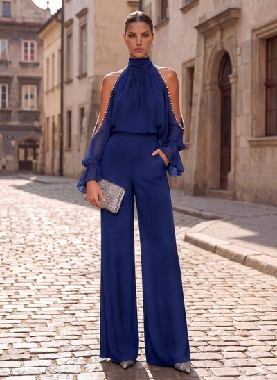 Two-Piece High Neck Long Sleeve Floor-Length Chiffon Evening Dress with Beading