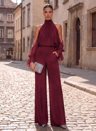 Two Piece Jumpsuit/Pantsuit High Neck Long Sleeves Floor-Length Chiffon Evening Dresses With Beading