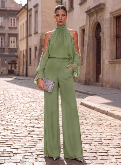 Two Piece Jumpsuit/Pantsuit High Neck Long Sleeves Floor-Length Chiffon Evening Dresses With Beading