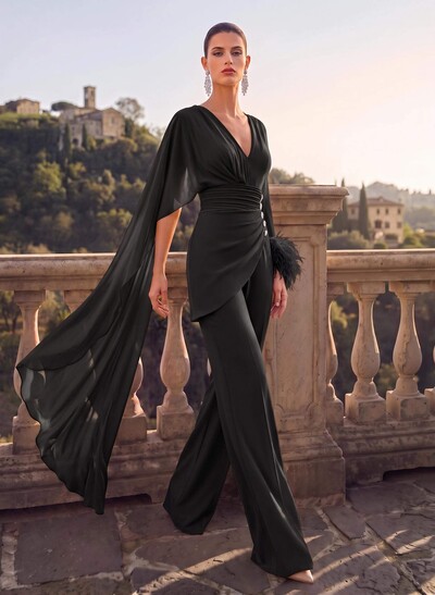 Jumpsuit/Trouser Suit V-Neck Long Sleeve Floor-Length Chiffon Evening Dress With Sweeping Side Drape