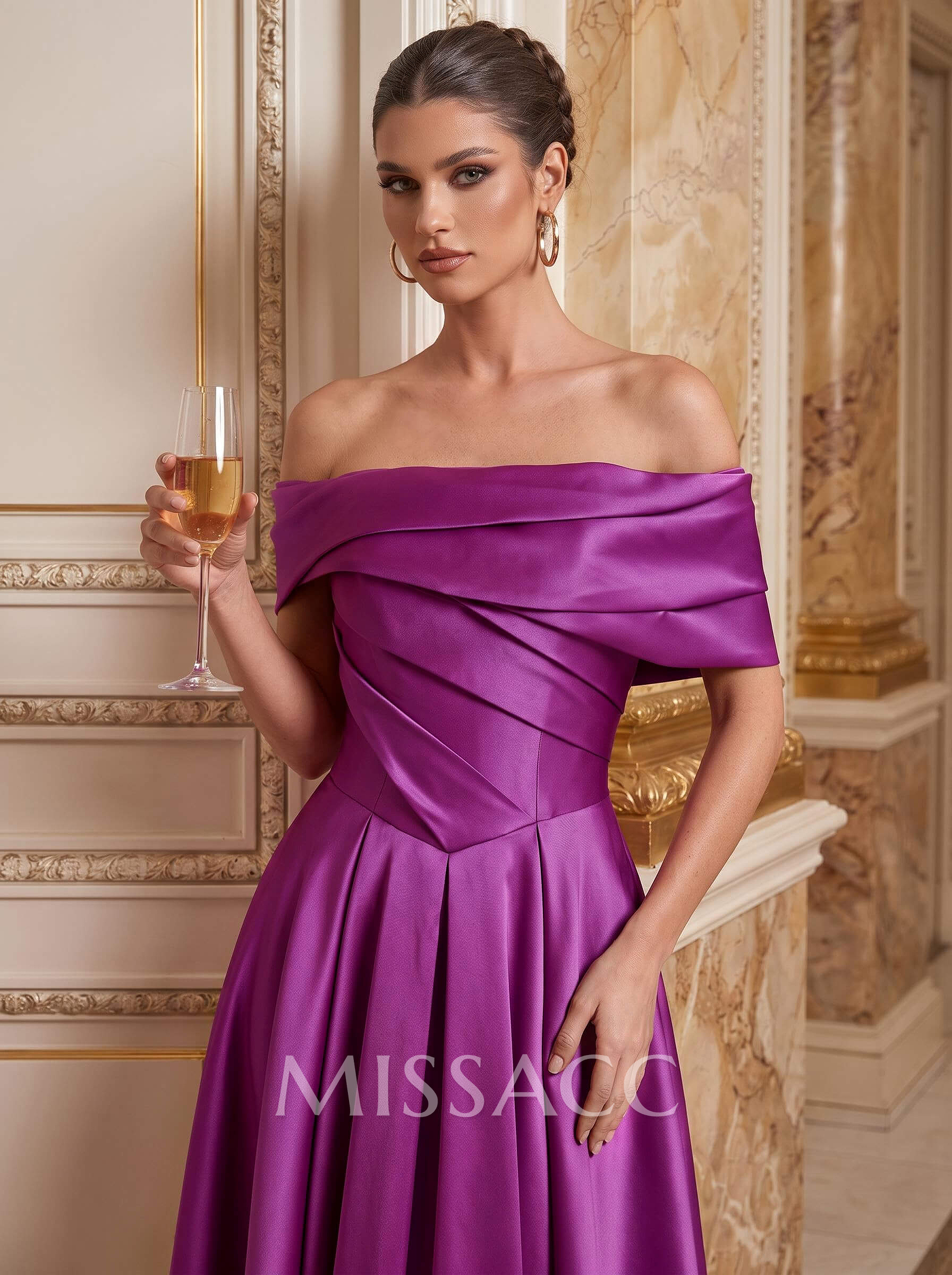 A-Line Off-The-Shoulder Sleeveless Sweep Train Satin Evening Dresses