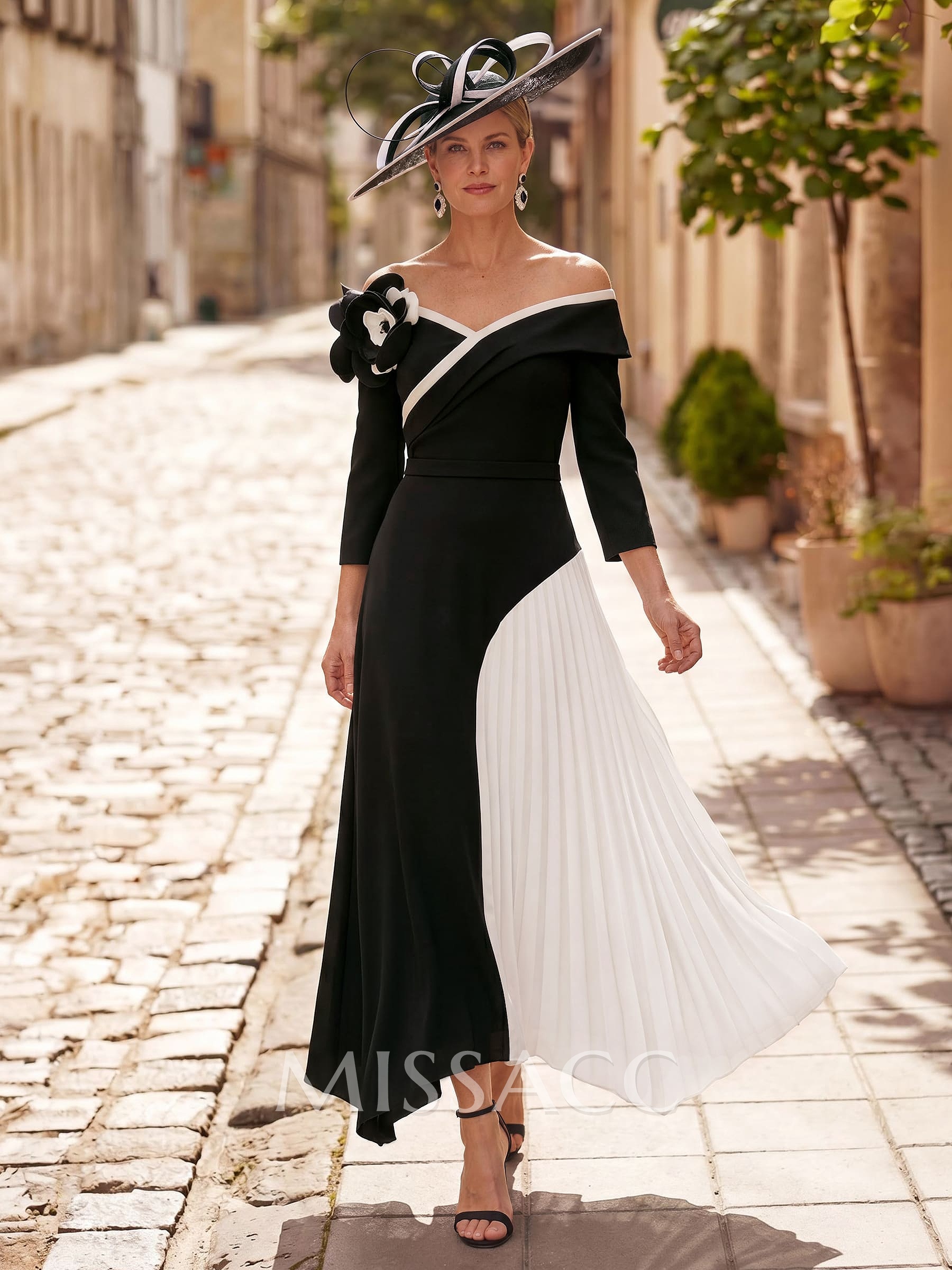 A-Line Off-The-Shoulder 3/4 Sleeves Asymmetrical Elastic Satin Evening Dresses With Pleated/Flower