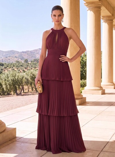A-Line Halter Sleeveless Floor-Length Chiffon Evening Dresses With Pleated/Back Hole/Tiered