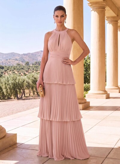 A-Line Halter Sleeveless Floor-Length Chiffon Evening Dresses With Pleated/Back Hole/Tiered