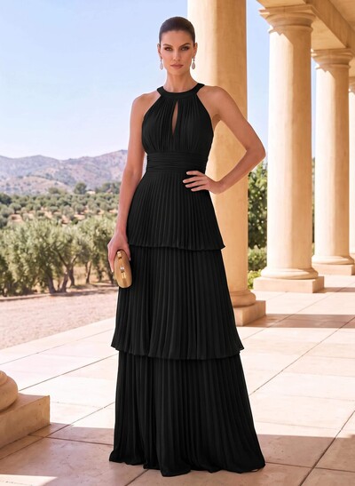 A-Line Halter Sleeveless Floor-Length Chiffon Evening Dresses With Pleated/Back Hole/Tiered