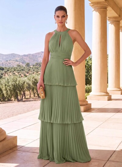 A-Line Halter Sleeveless Maxi Chiffon Formal Dresses With Pleating, Keyhole Back And Tiered Skirt