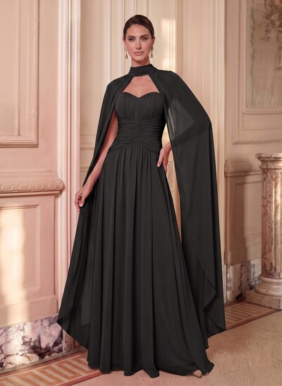 A-Line Sweetheart Cape Sleeves Floor-Length Chiffon Evening Dresses