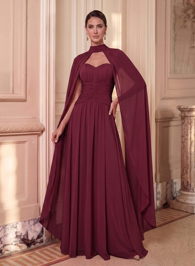 A-Line Sweetheart Cape Sleeves Floor-Length Chiffon Evening Dresses