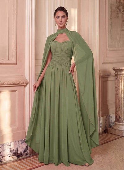 A-Line Sweetheart Cape Sleeve Floor-Length Chiffon Formal Dresses