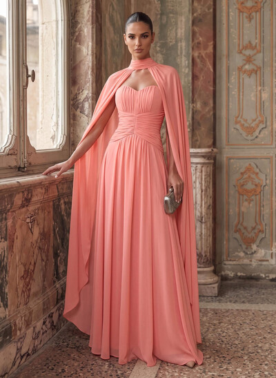 A-Line Sweetheart Cape Sleeves Floor-Length Chiffon Evening Dresses