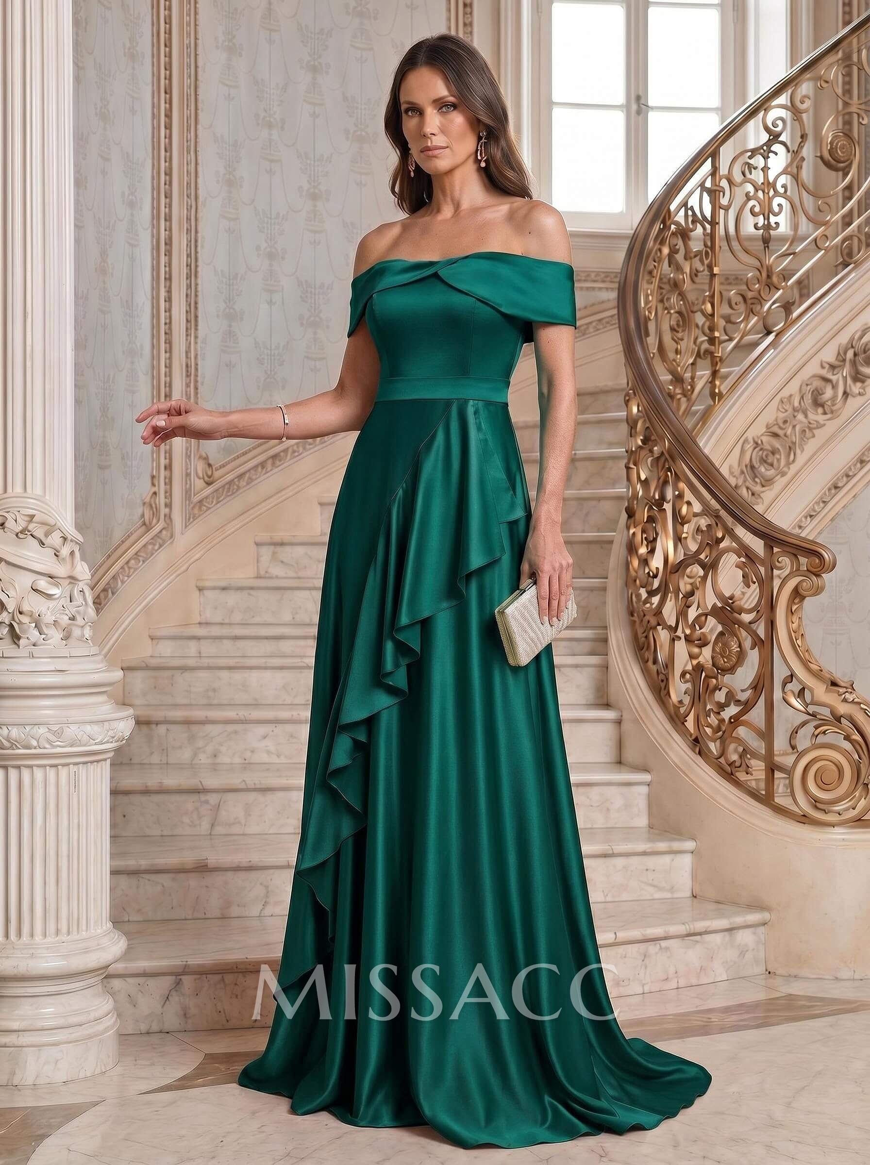 A-Line Off-The-Shoulder Sleeveless Sweep Train Satin Evening Dresses With Cascading Ruffles/Sash