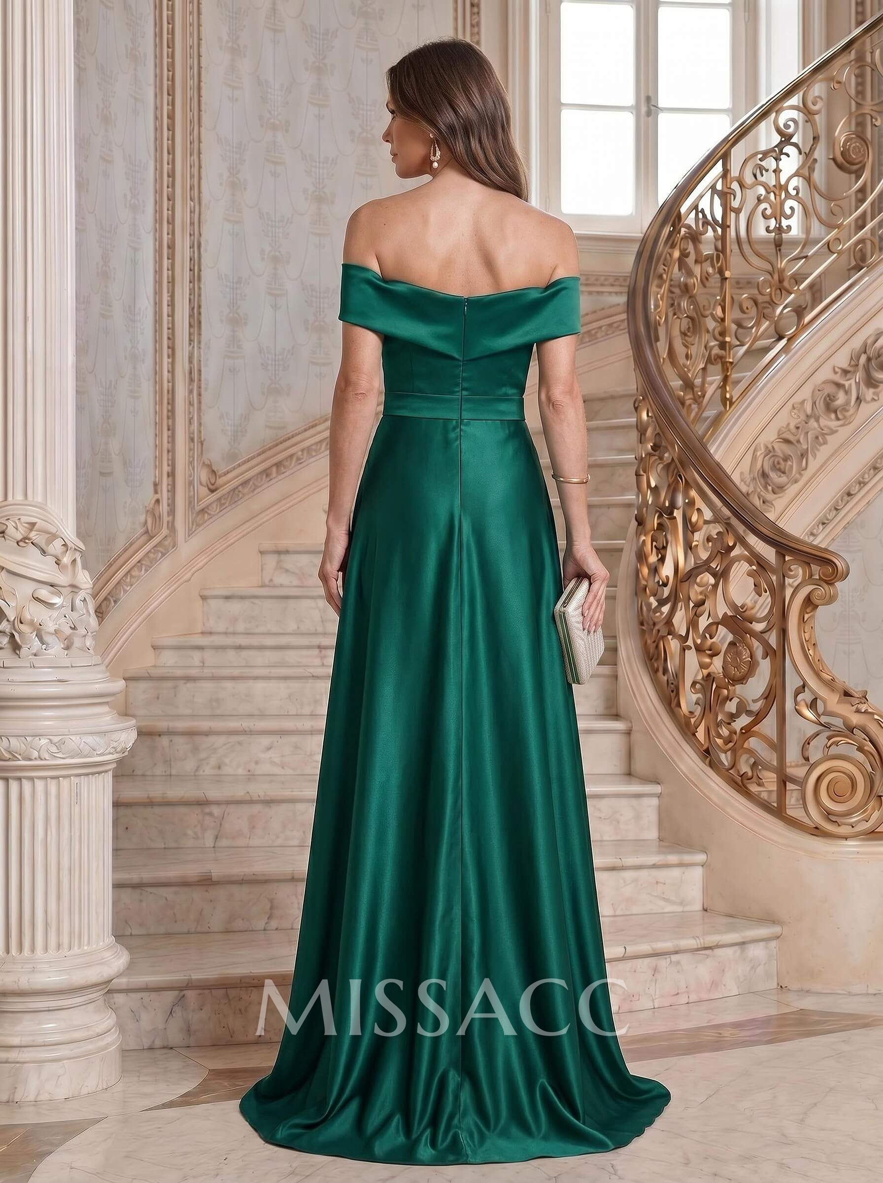 A-Line Off-The-Shoulder Sleeveless Sweep Train Satin Evening Dresses With Cascading Ruffles/Sash