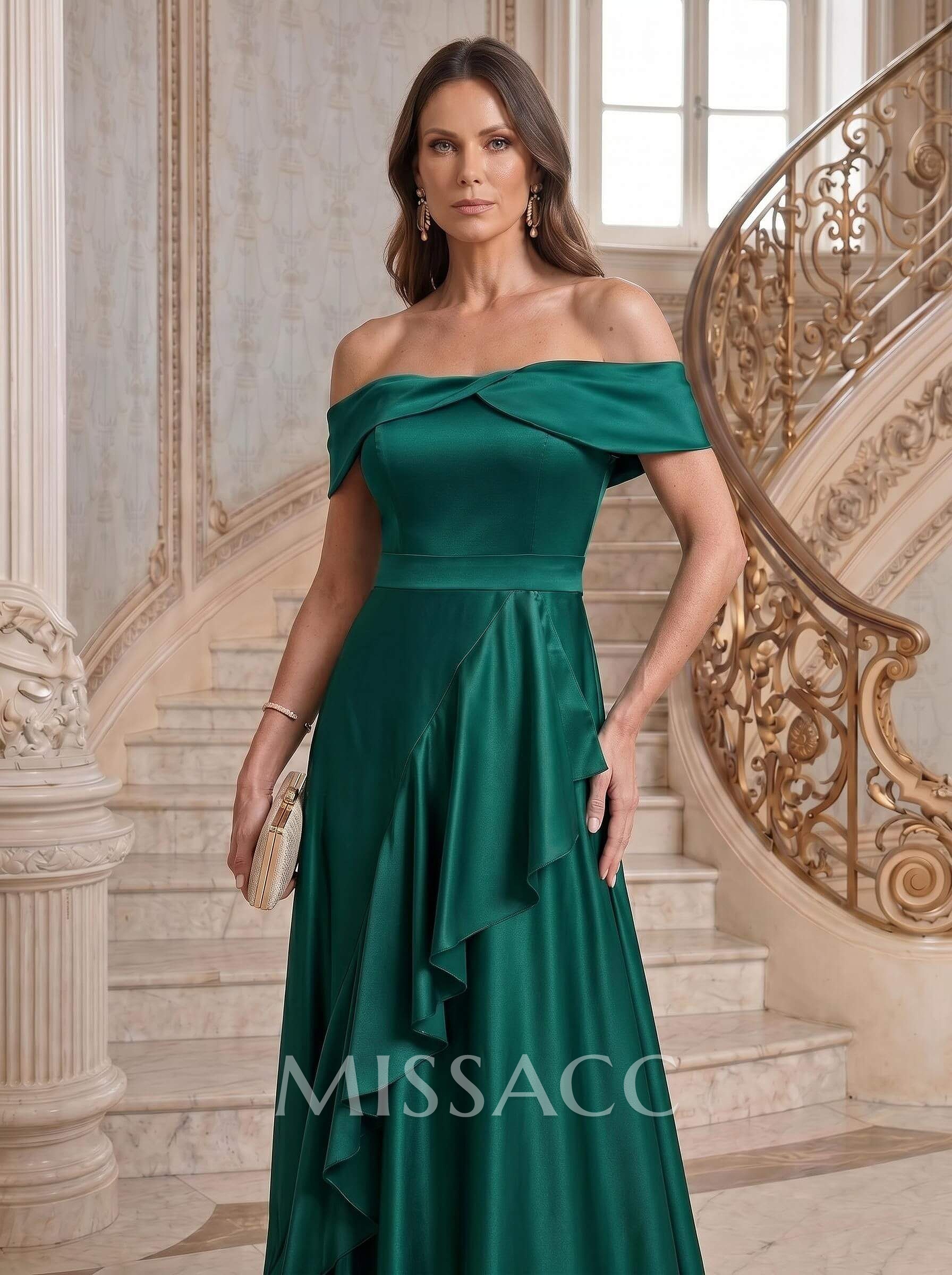 A-Line Off-The-Shoulder Sleeveless Sweep Train Satin Evening Dresses With Cascading Ruffles/Sash