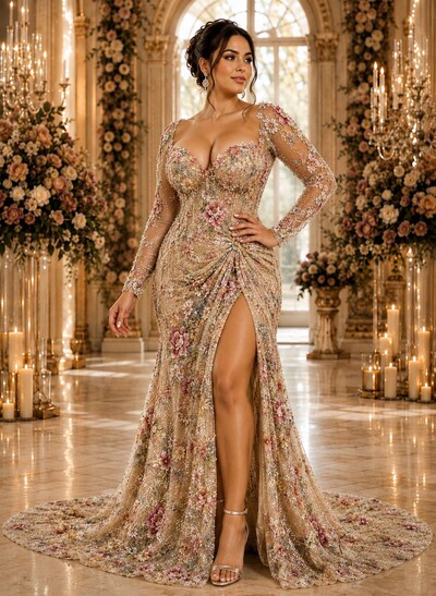 Trumpet/Mermaid Sweetheart Long Sleeves Court Train Lace/Tulle Evening Dresses With Beading/Flower/High Split