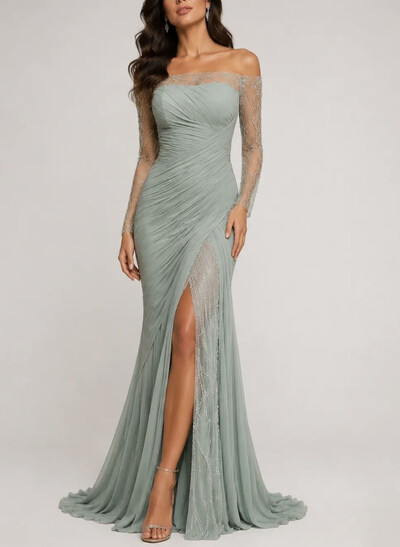 Trumpet/Mermaid Off-The-Shoulder Long Sleeves Sweep Train Chiffon/Lace Evening Dresses With Pleated/High Split