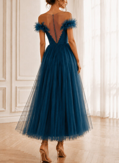 A-Line Illusion Neck Sleeveless Ankle-Length Tulle Evening Dresses With Sash/Flower