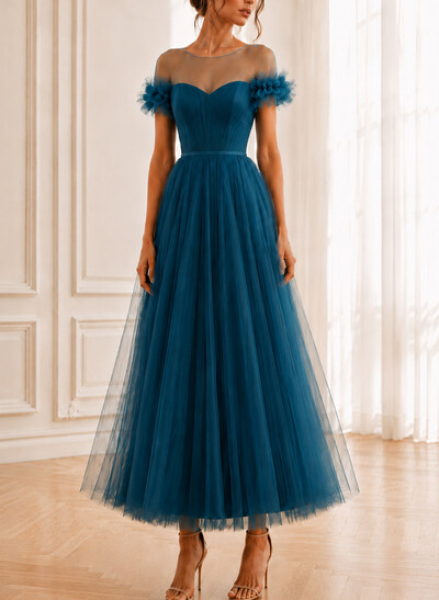 A-Line Illusion Neck Sleeveless Ankle-Length Tulle Evening Dresses With Sash/Flower
