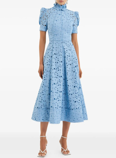 A-Line High Neck Short Sleeves Tea-Length Lace Evening Dresses With Flower