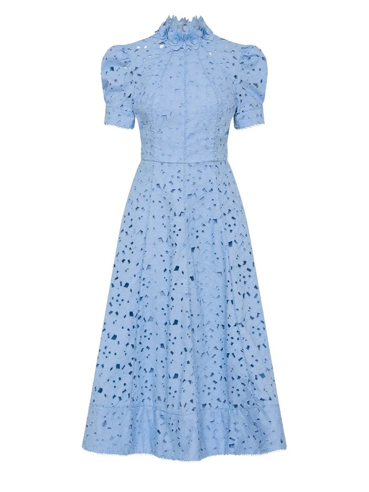 A-Line High Neck Short Sleeves Tea-Length Lace Evening Dresses With Flower