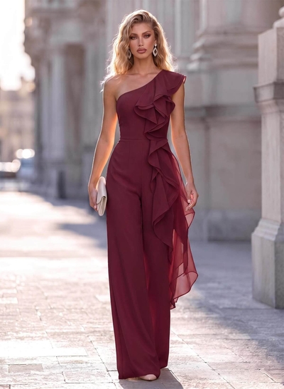 Jumpsuit/Pantsuit One-Shoulder Sleeveless Floor-Length Chiffon Evening Dresses With Ruffle