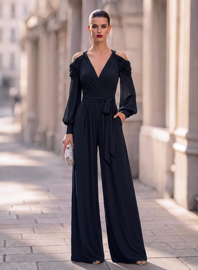 Jumpsuit / Trouser Suit V-Neck Long Sleeve Tops Floor-Length Chiffon Evening Dresses With Pleated/Sash