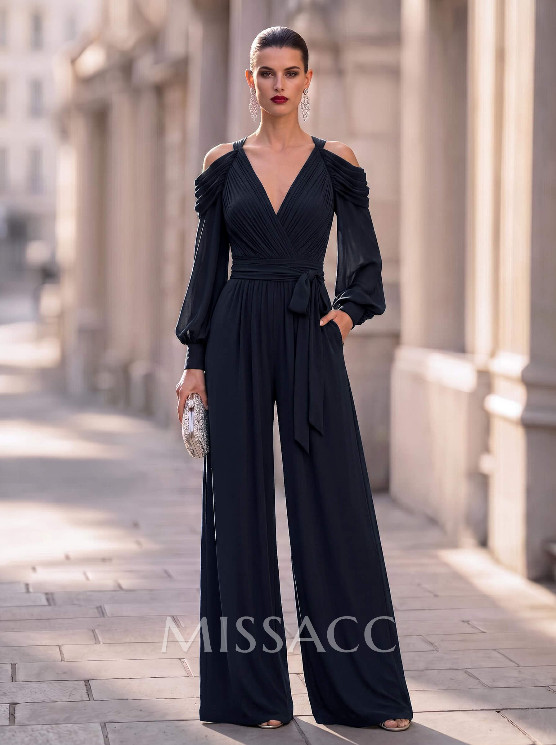 Jumpsuit / Trouser Suit V-Neck Long Sleeve Tops Floor-Length Chiffon Evening Dresses With Pleated/Sash