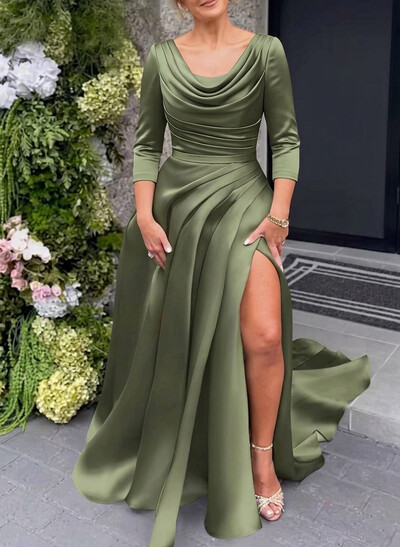 Sheath/Column Scoop Neck 3/4 Sleeves Court Train Matte Satin Evening Dresses With High Split