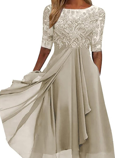 A-Line Scoop Neck 1/2 Sleeves Asymmetrical Chiffon Evening Dresses