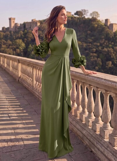 Sheath/Column V-Neck 3/4 Sleeves Floor-Length Elastic Satin Evening Dresses With Cascading Ruffles