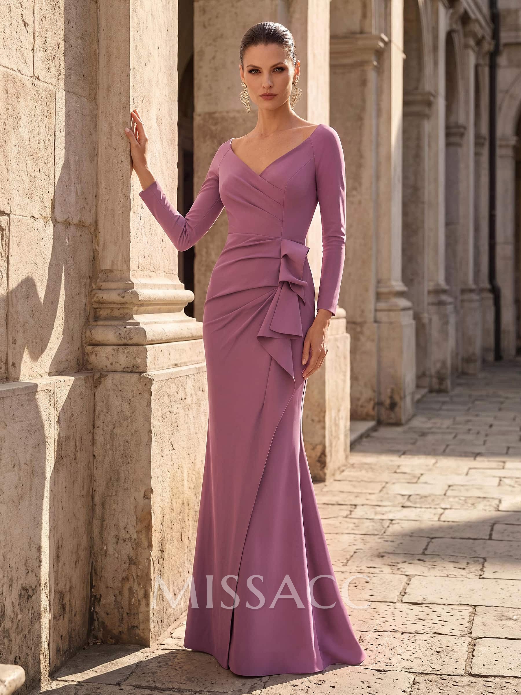 Trumpet/Mermaid V-Neck Long Sleeves Floor-Length Elastic Satin Evening Dresses With Cascading Ruffles