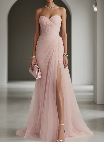 Sheath/Column Sweetheart Sleeveless Sweep Train Tulle Evening Dresses With Pleated